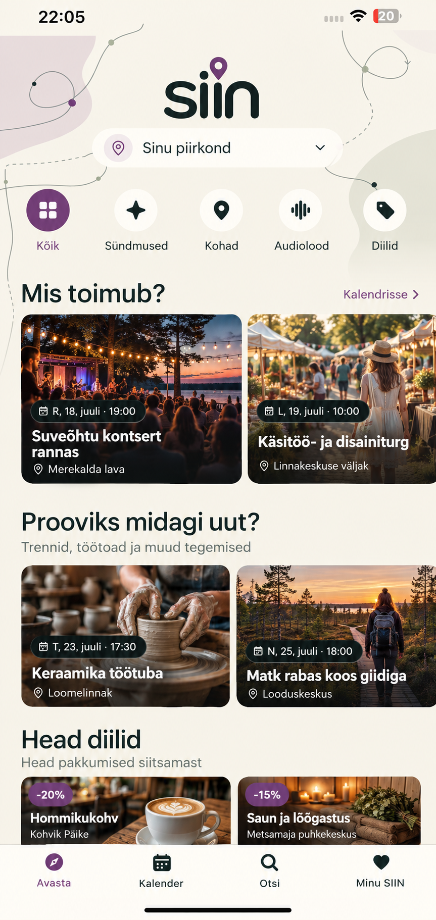 siin äpi avavaade: piirkonna valik, kategooriad ja tulevased sündmused