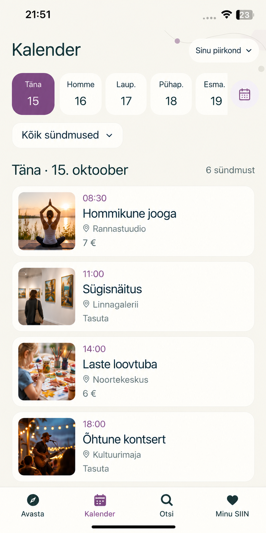 siin äpi kalendrivaade: nädala päevad, filtrid ja tulevased sündmused